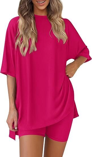 🔥Women's Two Piece Lounge Set 2025 Summer Casual Oversized Shirts Biker Shorts Matching Airport Travel Outfit
