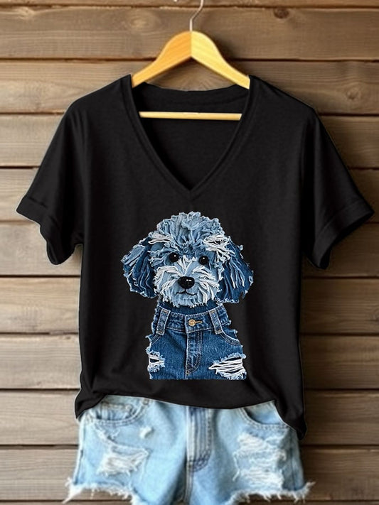 Women's Retro Funny Animal Dog Print V-Neck T-Shirt