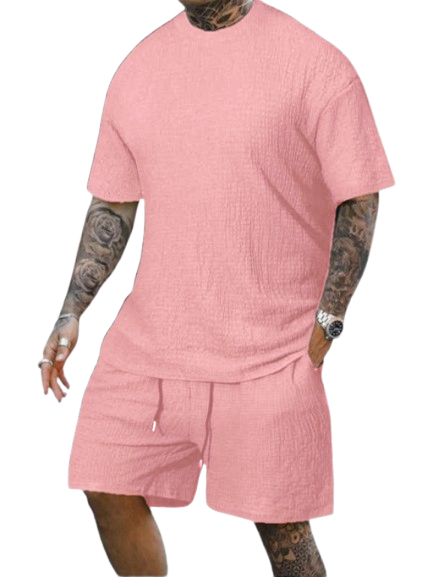8 Pack-Men's Solid Textured Round Neck Tee & Drawstring Waist Shorts